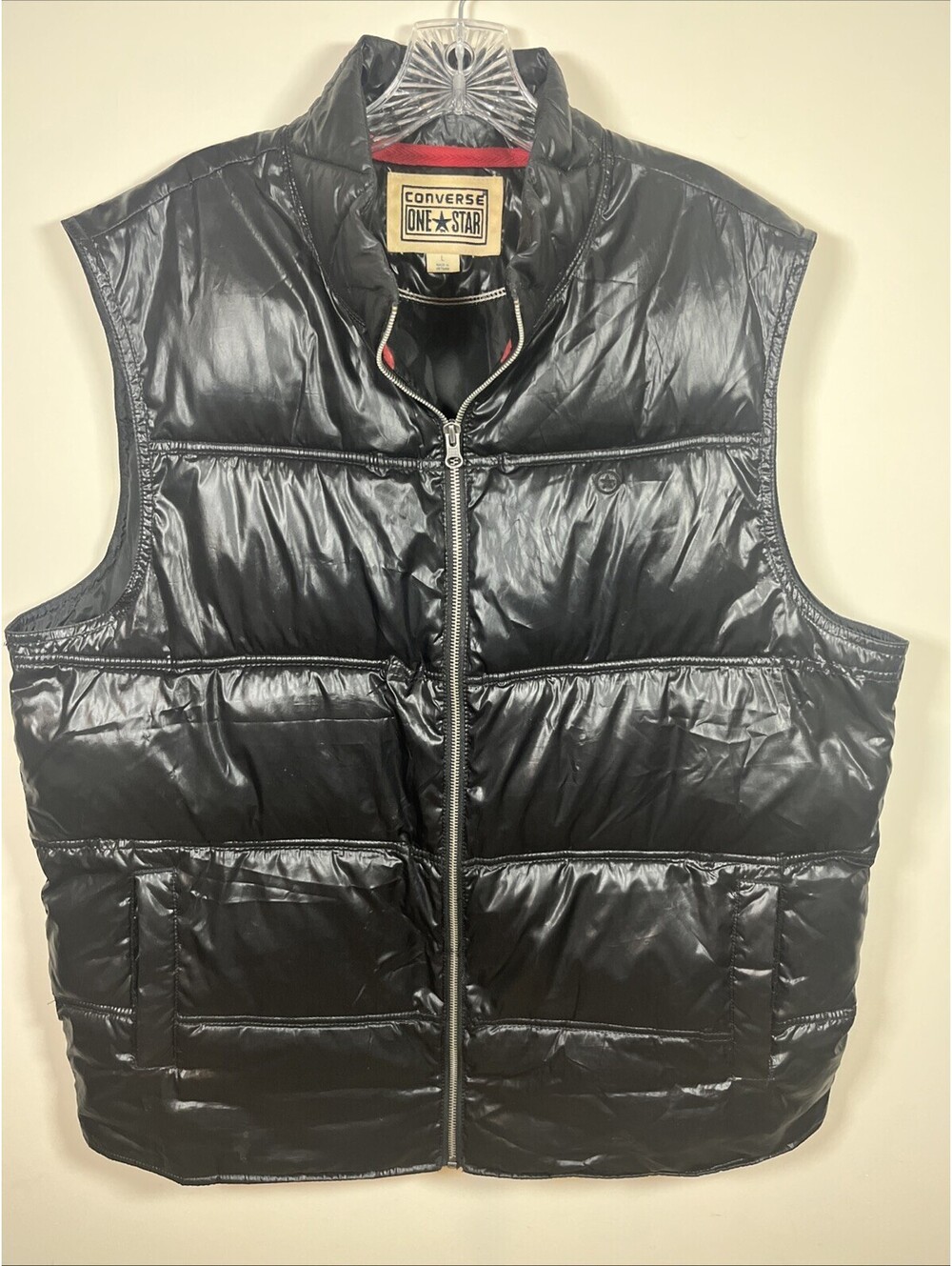 Converse One Star Puffer Vest Mens Large Black Shiny Full Zip Embroidered Logo